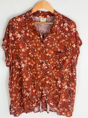 Neon Soul Floral Tie Front Button Up Blouse Rust Rayon Plus Size 1X Boho